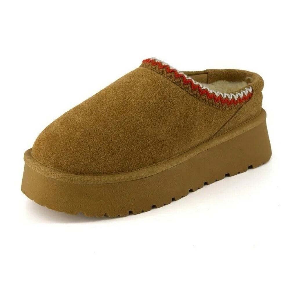 Cushionaire Women’s 8.5 Kabuki Genuine Suede Platform Mule Slippers Tazz Beige